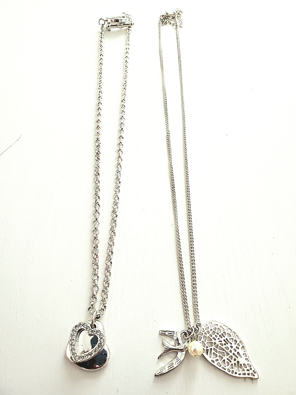 Silver Heart and Leaf Pendant Necklace Set - Women's Jewelry